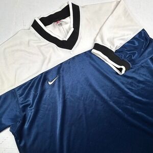VTG Nike Athletic‎ Jersey Shirt White Blue Short Sleeve V Neck Large Soccer 90s